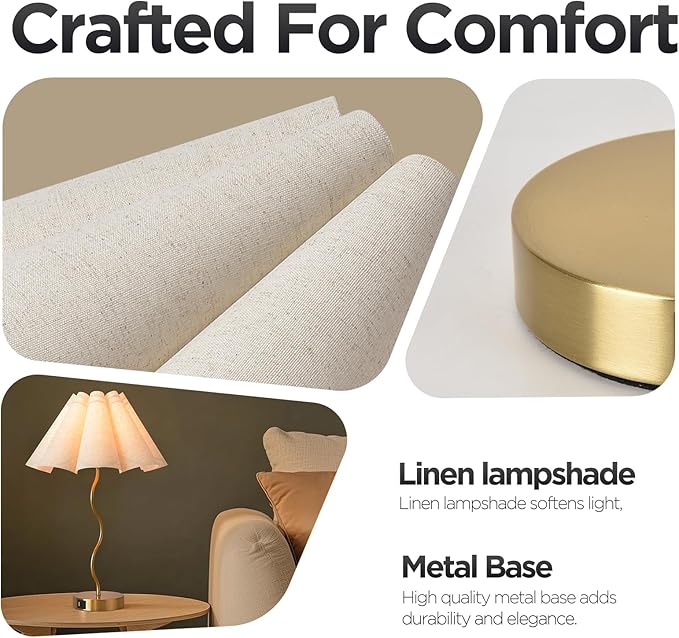 Touch Control Table Lamp with USB Ports, 27” Tall Gold Bedside Lamp with 3-Way Dimmable E26 Bulb, Fabric Shade & Curved Metal Stem, Modern Nightstand Lamp for Bedroom, Living Room, Office