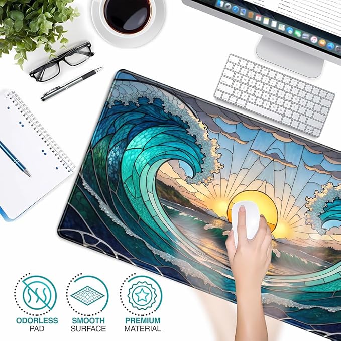 Beach Sunset Desk Mat Cute Large Mouse Keyboard Desk Pad, Aesthetic Cute Gaming Desk Keyboard Mats for Desk Pad Mat, Faux Stained Glass Sunset Mousepad Southwest Landscape Desk Pad 31.5x15.7 in