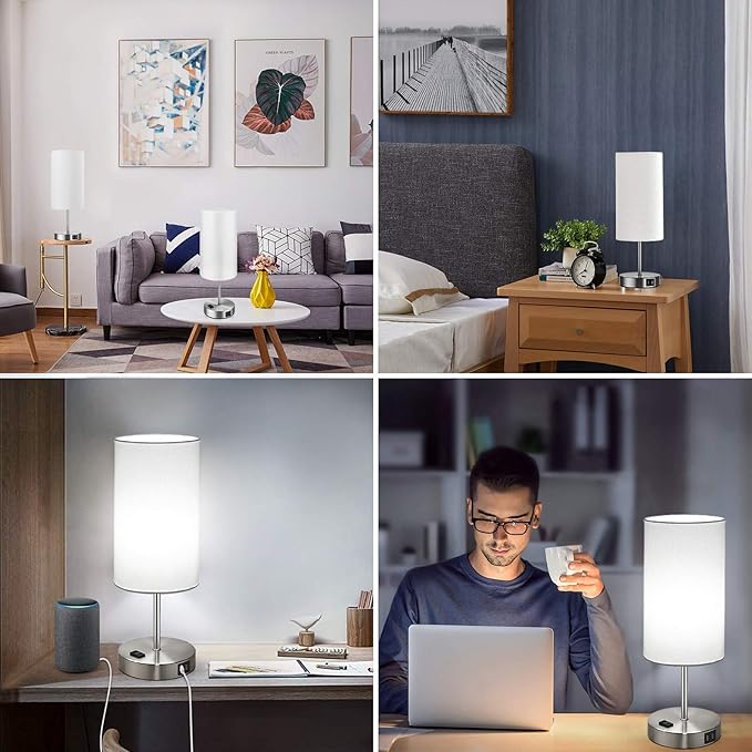 Set of 2 Touch Control Table Lamps with 2 USB Charging Ports&AC Outlet, 3-Way Dimmable Bedside Nightstand Lamps with White Fabric Lampshade for Reading, Bedroom, Living Room, A19 LED Bulbs Included