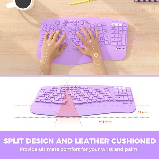 MEETION Ergonomic Keyboard Wireless, Multi-Device Bluetooth Keyboard, Full-Sized Rechargeable Split Computer Keyboards, Wrist Rest for Natural Typing, for Windows/Mac/Laptop/Table/PC, Purple