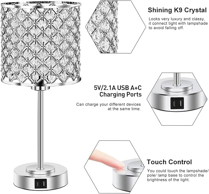 Crystal Table Bedside Lamp Touch Control, Dimmable Small Nightstand Lamp Set of 2 with USB-C+A Charging Ports, Decorative Silver Tabletop Lamp for Bedroom Living Room Guest Room, Bulbs Included