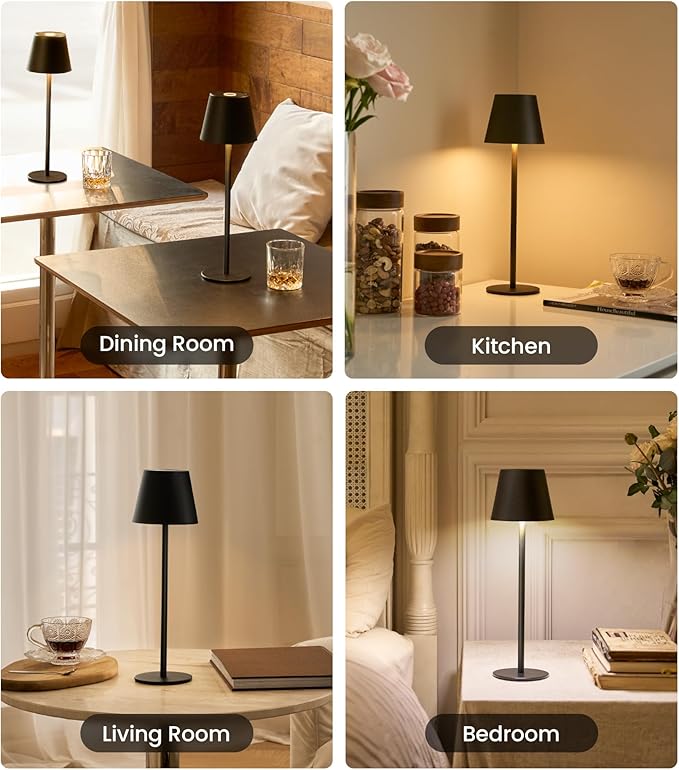 3 Pack Cordless Table Lamp, Portable Battery Operated Lamp with 3 Color Temps and Stepless Dimming, Rechargeable Table Lamp for Dinner, Desk, Cafe, Outdoor (Black)