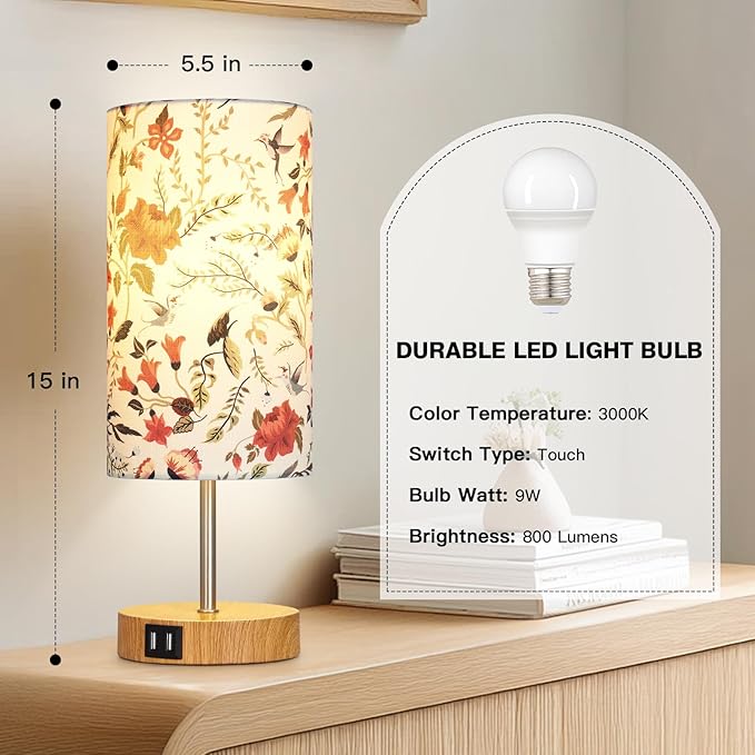 Bedside Touch Lamp with Flower Fabric Shade, 3 Way Dimmable Wood Bedroom Lamp for Nightstand with 2 USB Charging Ports, Small Table Lamp for Living Room Reading Desk (LED Bulb Included)