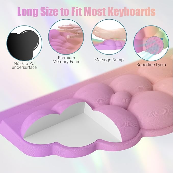 Ergonomic Wrist Rest for Keyboard, Soft Memory Foam Cloud Keyboard Stand Pad with Wrist Rest Set with Non-Slip Silicone Base, Easy Typing, Comfort for Computer Laptop Mac - Rainbow