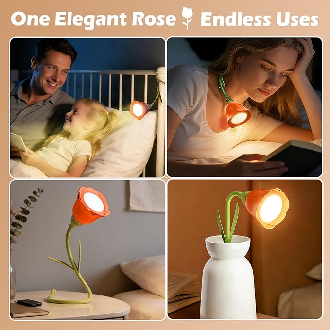Rose Flower Lamp Rechargeable Reading Light for Bed,3-Color Modes Adjustable Brightness Small Night Light Neck Reading Light,Festival Gifts for Kids Mom Girlfriend Grandma(Orange-red)