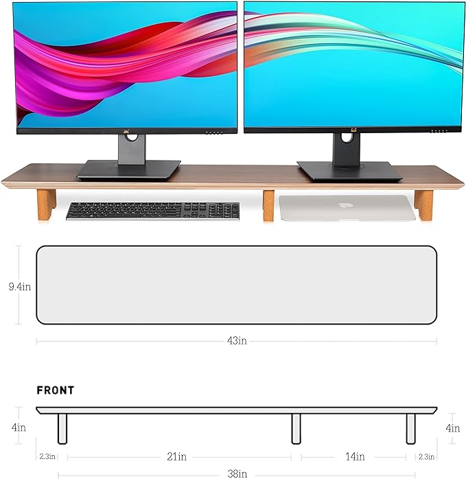 Aothia Solid Wood Dual Monitor Stand Riser for Desk, 43 Inch Black Walnut Computer Monitor Riser with Cork Legs, Extra Long Desktop Organizer Shelf for 2 Monitors, Laptop & Printer