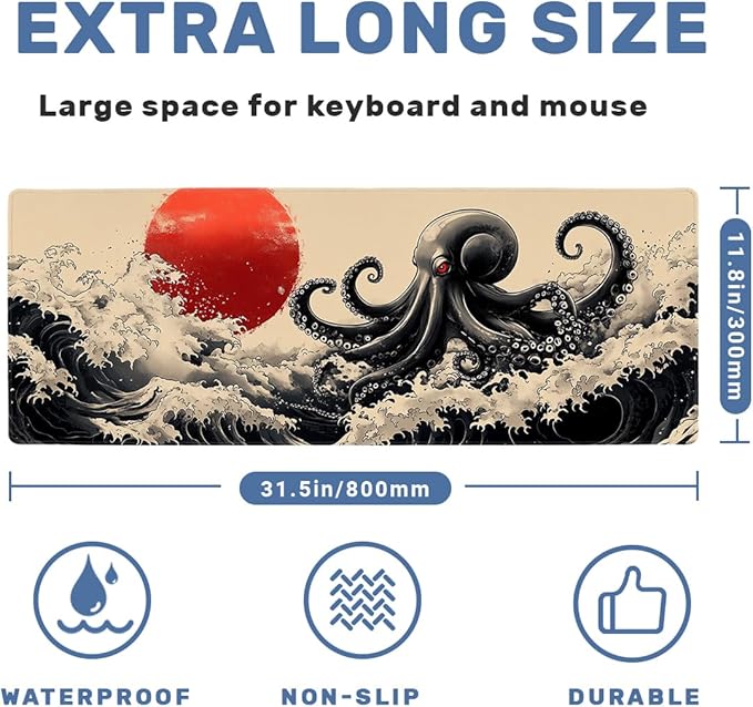 Octopus Gaming Mouse Pad Large Desk Mat Waves Japanese Ink Sea Monster Mousepad Computer Keyboard Pad Mouse Mat Laptop Mat 31.5 x 11.8 Mouse Pads for Desk Home Office Gaming