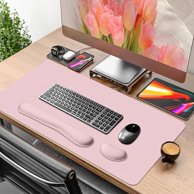 Mouse Pad and Keyboard Wrist Rest, Large Keyboard and Mouse Pad Set, Ergonomic Mousepad with Wrist Rest, Non-Slip Desk Mat Protector for Office, Home (31.5×15.7 Inches, Pink)