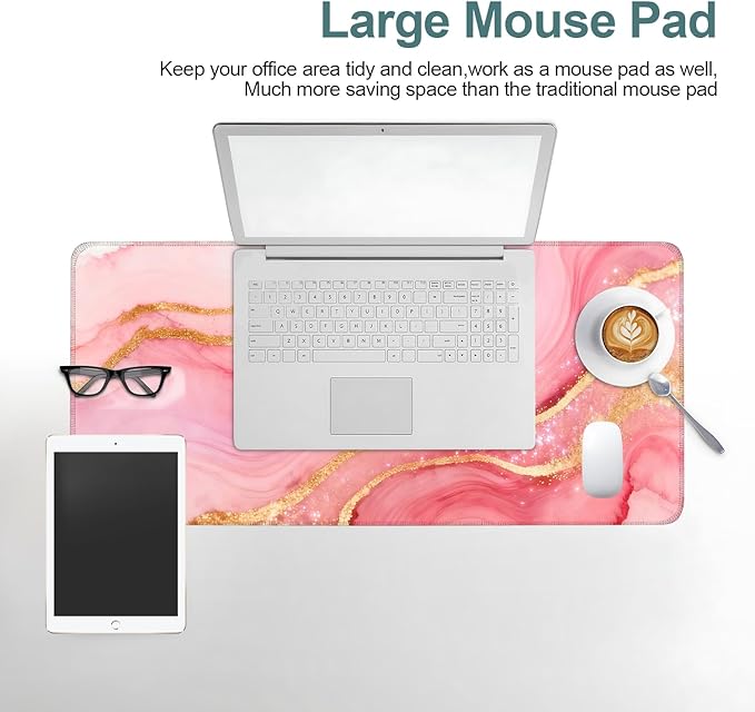Pink Marble Extended Gaming Mouse Pad 31.5x11.8inches Large Desk Mat Anti-Slip Rubber Base & Durable Stitched Edges for Gamers Smooth Mouse Writing Surface for Desk Office/Home
