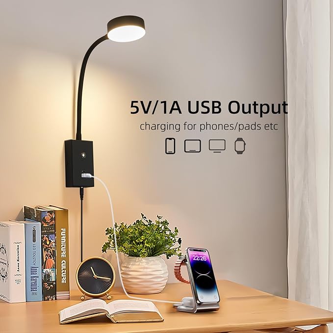 LED Wall Mounted Reading Light for Bed, Flexible Gooseneck Book Light for Wall Bedside Lamp with USB-A/C Output,Touch Control 5 Dimmable Headboard Bed Lights