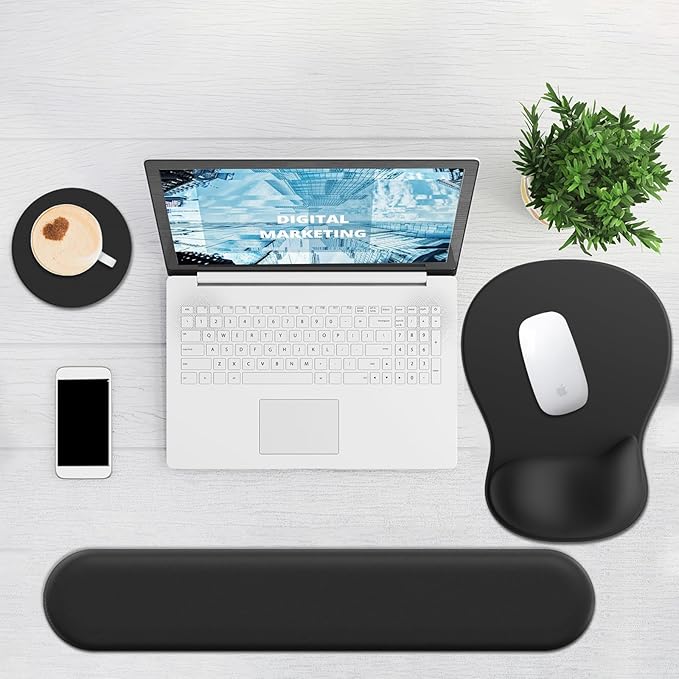 Ergonomic Mouse Pad with Wrist Rest and Keyboard Wrist Rest, Black Mousepad and Wrist Rest for Computer Keyboard, Non-Slip PU Base, Gel Mouse Pad with Wrist Support for Gaming, Office