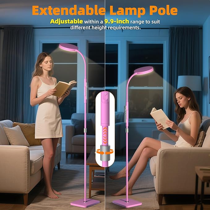 Floor Lamp, Adjustable Height Floor Lamps for Living Room Bedroom, 120 LED Super Bright Standing Lamp Remote Control Dimmable Gooseneck Tall Stand Reading Lamp for Office Craft, Pink