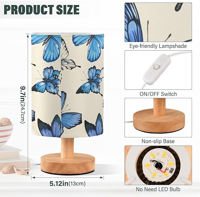 Butterfly LED Table Lamp, Bedside Lamp with Linen Lampshade, Flicker-Free Eye Care USB Plug in Nightstand Lamp, for Bedroom and Office
