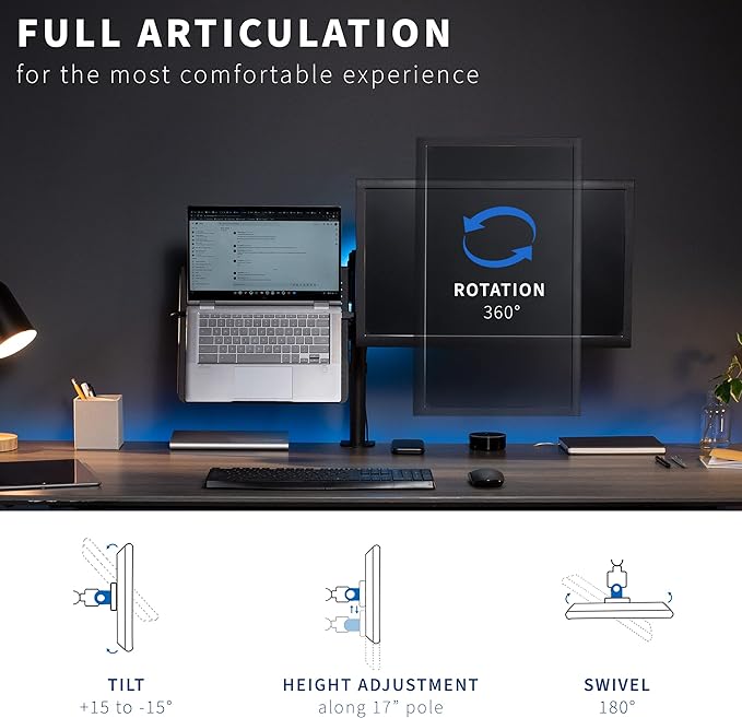 VIVO Black Fully Adjustable 13 to 32 inch Single Computer Monitor and Laptop Desk Mount Combo, Stand with Grommet Option, Fits up to 17 inch Laptops (STAND-V002C)