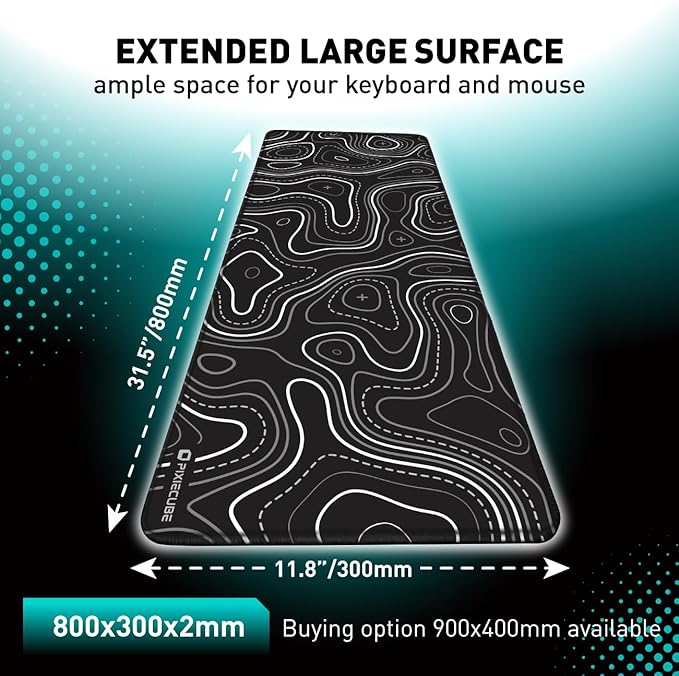 Minimalist Topographic Map Mouse Pad - Contour Extended Large Stitch Edge Mousepad. Black & White Non-Slip XXL Gaming Desk Mat