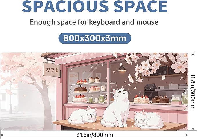 Pink Cute Cat Gaming Mouse Pad Large Desk Mat Extended Keyboard Mouse Pad Anime Mousepad with Non-Slip Base and Stitched Edge Mouse Mat Desk Pad 31.5 x 11.8 in Mouse Pads for Desk Home Office Gaming