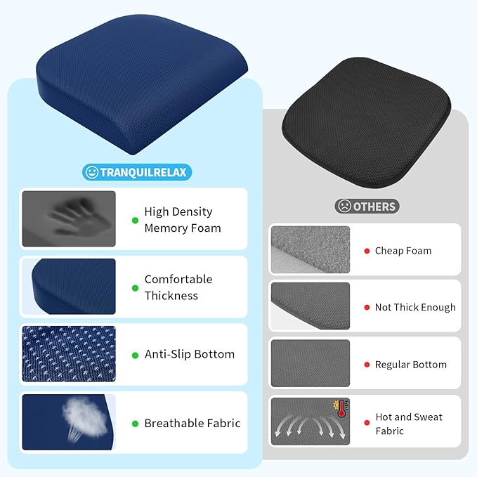 Large Seat Cushion, Memory Foam Cushion for Long Sitting Hours on Office Chair, Home & Car, Non-Slip Chair Pad for Relieving Back & Sciatica & Hip & Coccyx Pain (Blue)