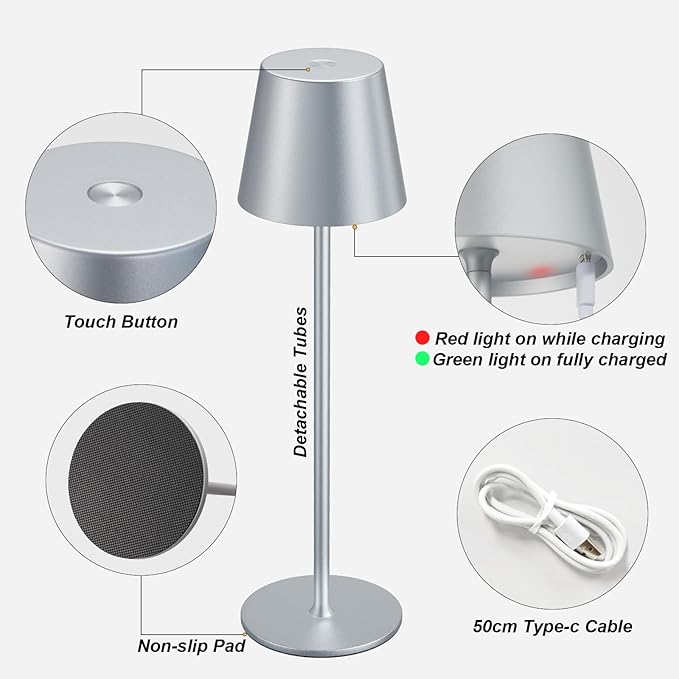 Cordless Table Lamp Rechargeable - Silver Grey 2 Pack 5000mAH Battery Operated Lamp for Counter, 3 Color Stepless Dimming Waterproof LED Wireless Lamp for Dining Kitchen, Outdoor Patio, Touch Control