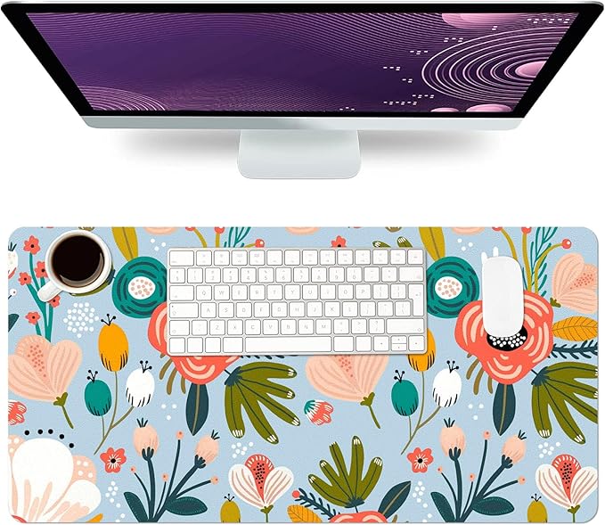 Desk Mat Large Protector Pad 31.5" ×15.7", Non-Slip PU Leather Desk Blotter, Waterproof Mouse Pad for Office Home Blue Floral