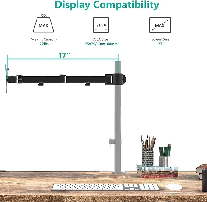 WALI Single Monitor Arm, Fully Adjustable Pole Mount Bracket for WALI Monitor Mounting System (001ARM), Black