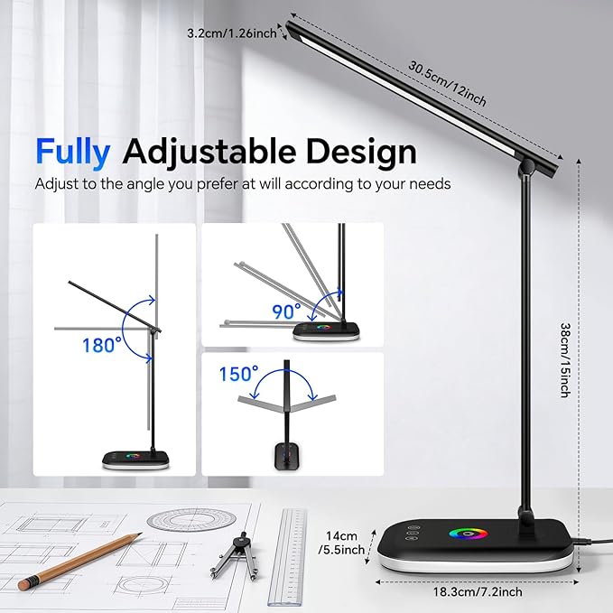 LED Desk Lamp for Office Home, 800 Lumen Bright Puzzle Light, 10%-100% Dimmable Brightness & 5 Color, Eye Caring Desk Light for Reading, Craft, Puzzl, Daily Use | USB desk lamp | 45 Min Timer | RGB