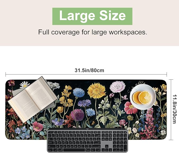 Desk Mat, XXL Extended Gaming Pad for Desktop, 35x16 Inches Vibrant Floral Colorful Flower Bouquet, Large Non-Slip Vegan Leather Surface with Stitched Edges, Keyboard Mouse Mat for Home Office