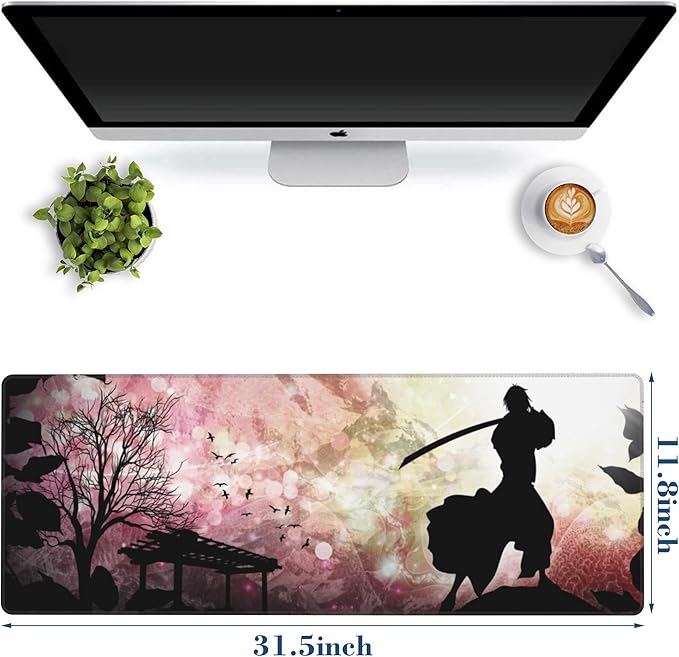 Large Gaming Mouse Pad for Desk Japanese Warrior Big Desk Mat Extended Mousepad with Stitched Edge and Non-Slip Base Long Computer Keyboard Mouse Mat for Home Office Work, 11.8 x 31.5 Inch