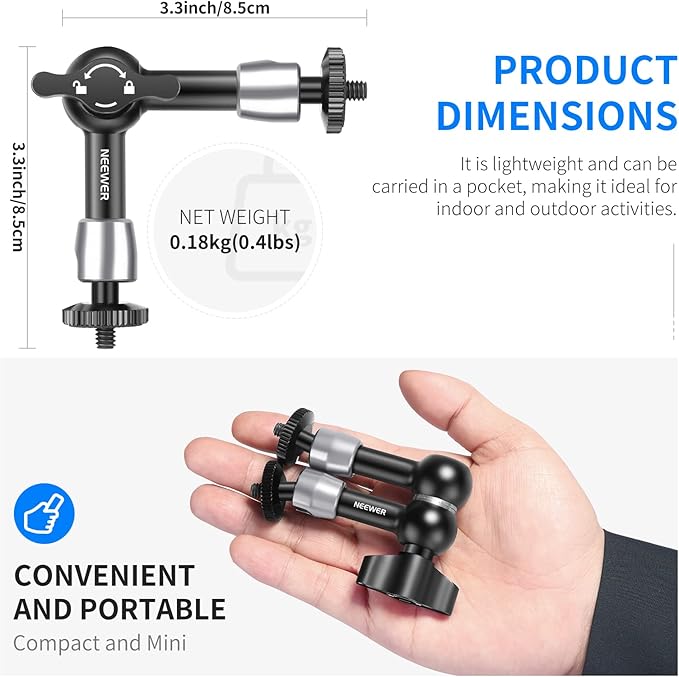 NEEWER 5.9"/15cm Adjustable Friction Magic Arm with 1/4" Screw on Both Ends, Compatible with SmallRig Cage, Flash/LED Light/Microphone/Monitor/SuperClip, Max Load 4.4lb/2kg, ST15
