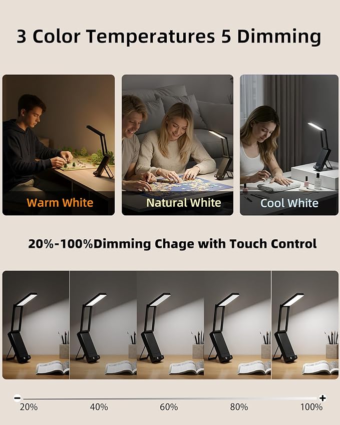 EZVALO LED Rechargeable Desk Lamp, 6000mAh Battery Operated Light, Cordless Table Lamp for Book Reading, Foldable Mini Lamps & Portable, 3 Color Dimmable Small Wireless Reading Lamp, Black