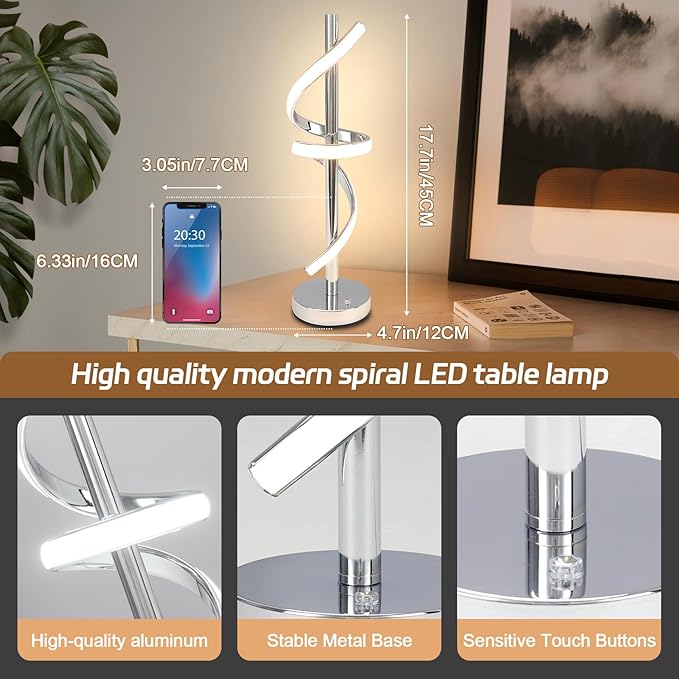 LED Modern Table Lamp, Spiral LED Table Lamp, Dimmable, 3 Colors Touch Control, Silver Unique Cool Lamps for Home Decor, Modern Nightstand Lamp with USB/Type C for Bedroom Living Room