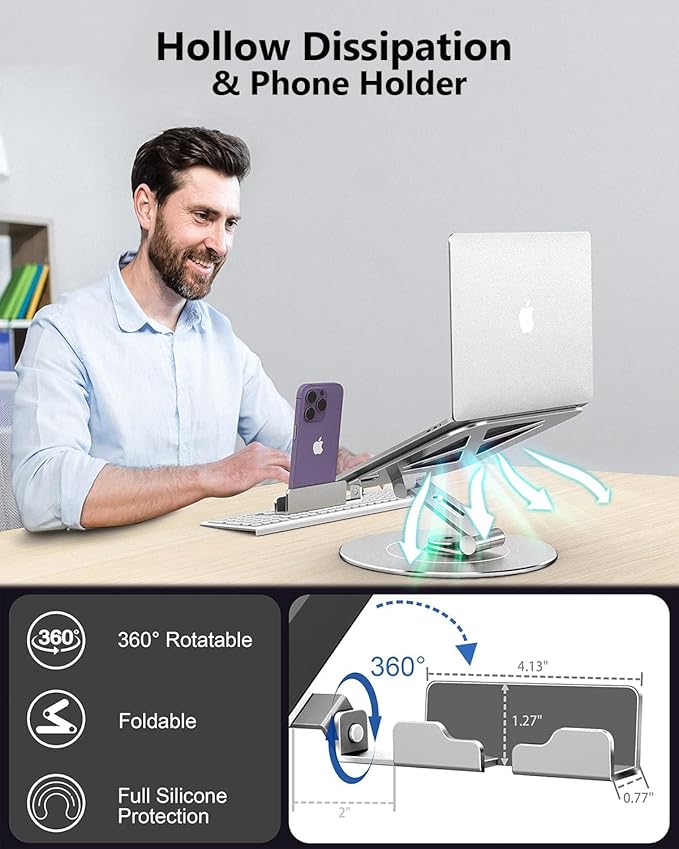 Laptop Stand with Phone Holder, Adjustable Laptop Stand, Aluminum Computer Mount Holder, Ergonomics Laptop Riser for Desk, Lectern Stand Fits MacBook, up to 17.3" All Notebooks Silver