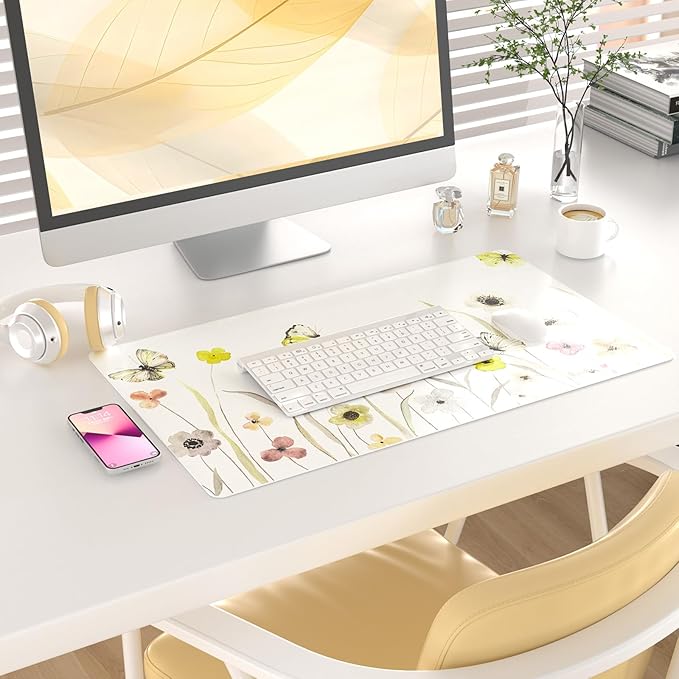 Colorful Star Large Mouse Pad, Watercolor Floral Desk Mat Office Supplies, Waterproof PU Leather Gaming Mousepad for Women Girls, Butterflies Desk Pad Home Office Décor Accessories 23.6" x 13.8"