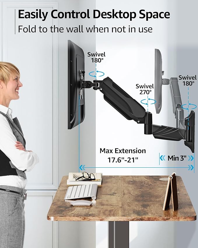 MOUNTUP Monitor Wall Mount for 17-32 Inch Computer Screen, Wall Mounted Arm Support 4.4-17.6lbs Display, Computer Monitor Arm, VESA Bracket for VESA 75x75mm and 100x100mm, Black