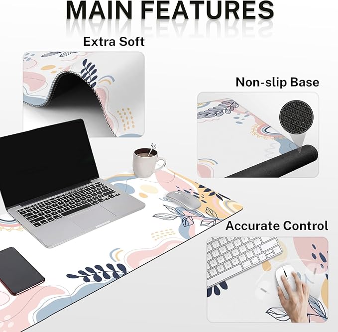 Arttown Pink Blue Desk Mat Leaves Mouse Pad Set 4 in 1 Spring Tropical Colorful Ergonomic Design Large Desk Pad + Keyboard Wrist Rest + Mouse Wrist Rest + Coaster Suitable for Home Office Study Game