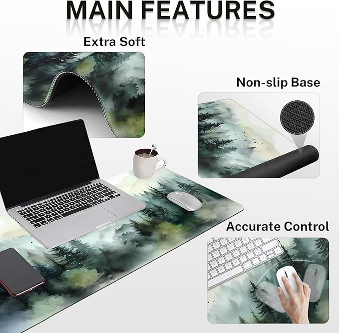 Britimes Green Ink Style Mountain Forest Keyboard Mouse Pad Set 4in1 Large Mousepad+Keyboard Wrist Rest+Mouse Wrist Rest+Coaster Set with Ergonomic Design for Home Office Computer 35.4x15.7 inches