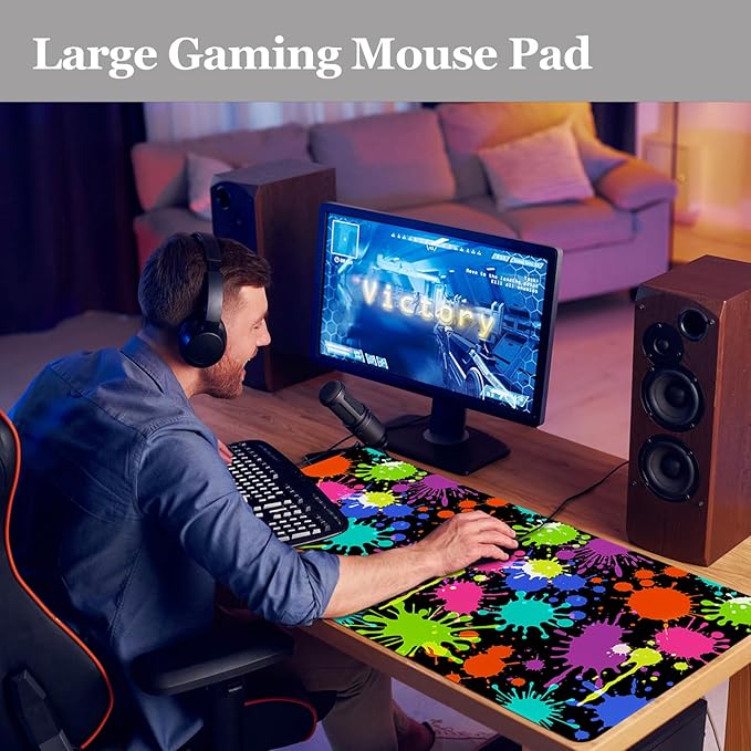 Desk Mat, Desk Matt for Desktop, Neon Paint Splatter XXL Large Gaming Mouse Pad with Non-Slip Rubber Base Stitched Edges Waterproof Keyboard Desk Pad for PC Gaming, Laptop, Computer, Work, Office