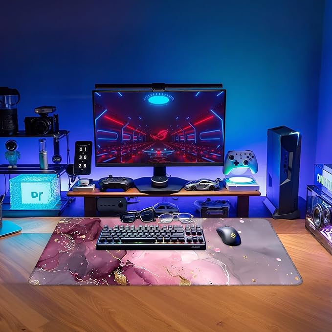 Pink Marble Extended Gaming Mouse Pad 31.5x11.8inches Large Desk Mat Anti-Slip Rubber Base & Durable Stitched Edges for Gamers Smooth Mouse Writing Surface for Desk Office/Home