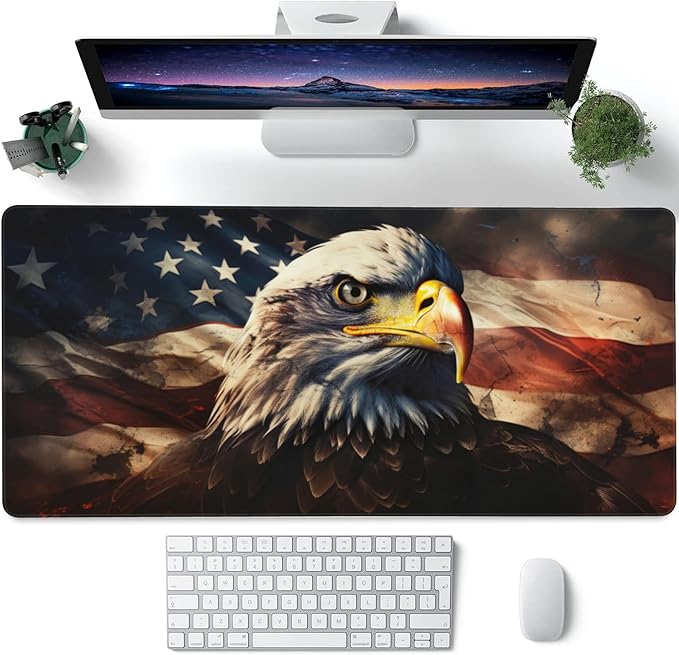 Desk Mat,American Bald Eagle Large Gaming Mouse Pad for Desk XXL,USA Flag Eagle Desk Pad,Extended Big Computer Keyboard Mouse Pad with Non-Slip Base and Stitched Edge 35.4"x15.7"
