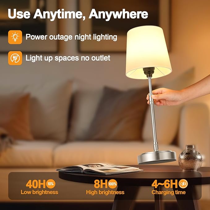 Cordless Table Lamps Set of 2 – Battery Operated Lamp with 7500mAh Rechargeable Battery, Stepless Dimmable Vintage Brushed Nickel Touch Desk Lamps for Dining Room, Nightstand & Patio (Bulbs Included)