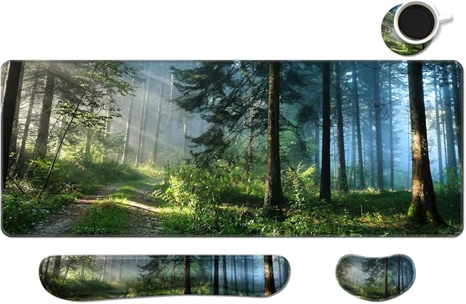 MIBITRI Keyboard Mouse Pad Set, Extended Gaming Mouse Pad+Ergonomics Keyboard Wrist Rest Support, Memory Foam, Easy Typing, 3Pcs XXL Ultra Thick Desk Mat, Forest in The Morning