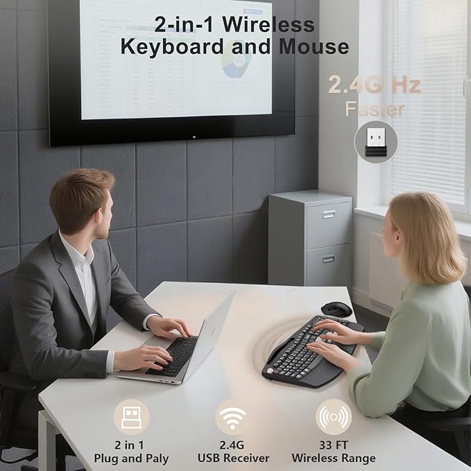 Wireless Keyboard and Mouse Combo, 2.4G Full Size Wave Keys Ergonomic Keyboard with Wrist Rest, Phone Holder, 3-Level DPI Wireless Silent Mouse with 6-Buttons, for Windows (Latte Black)