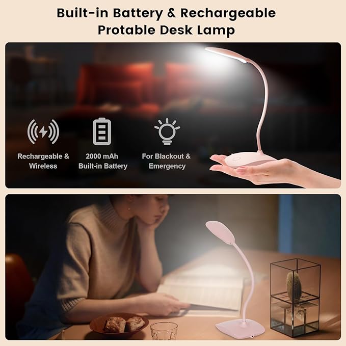 Battery Powered Desk Lamp, Portable Lamps Rechargeable 3 Color Modes Touch Control Stepless Dimming, Wireless Desk Lamp with 2000mAh, Small LED Table Light for Dorm Study Office Bedroom,Pink(2-PACK)
