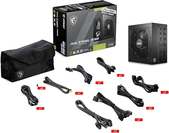 MSI MAG A750GL PCIE5, Fully Modular Compact Gaming 750W Power Supply, 80+ Gold, ATX 3.1 & PCIe 5.1 Ready, Native Dual-Color 12V-2x6 Cable, 10 Year Warranty