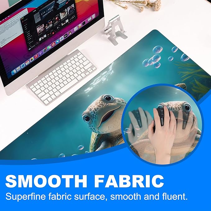 Desk Mat, Cute Turtle Smiling Under The Sea Extended Gaming Mouse Pad Large, 31.5"x11.8" Big Mouse Pad with Non-Slip Base and Stitched Edge, Long Computer Keyboard Mouse Mat for Home Office Work