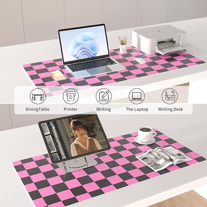 Colorful Star Large Black and Pink Mouse Pad, Plaid Waterproof Office Desk Mat, Non-Slip Gaming Mouse Pad, XXL PC Laptop Protector Pads, PU Leather Desk Writing Pads for Office Home, 31.5" x 15.7"