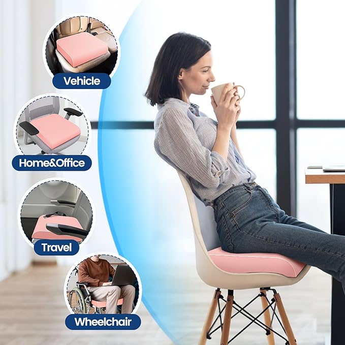 Seat Cushion for Tailbone Pain Relief, Office Chair Cushion, Memory Foam Large Chair Cushion with Non-Slip Cover for Soft Support at Office Chair, Car Seat, Airplane Pink/Large