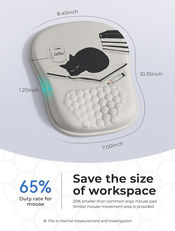 Ergonomic Mouse Pad with Cute Black Cat Design, for Carpal Tunnel Pain Relief, 65% Usable Mouse Area, Memory Foam Concave Wrist Rest for Office, PC, Gaming