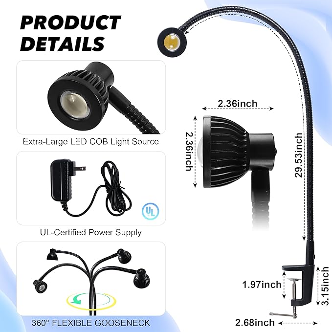 Hersi 5w 30‘’Long Swing Arm 110v/220v Desk Lamp Metal Architect LED Task Light with Clamp, Adjustable Folding Twin-Arm Clip-on Table Lamp,Black