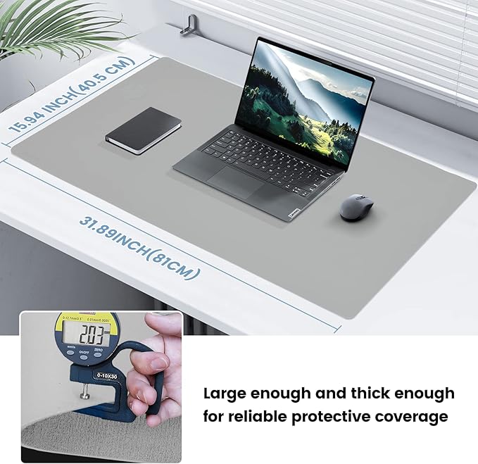 Desk Mat Wireless Charging Mouse Pad Large 32x16 Journey Desk Pad Mat with Wireless Charger Waterproof Grey Leather Computer Mat with Phone Charger Mousepad Non-Slip for Keyboard and Mouse