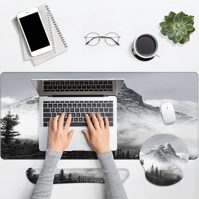 Arttown Mountain Forest Desk Mat Gray Mouse Pad Set 4 in 1 Tree Mist Cloud Ergonomic Design Large Desk Pad + Keyboard Wrist Rest + Mouse Wrist Rest + Coaster Suitable for Home Office Study Game